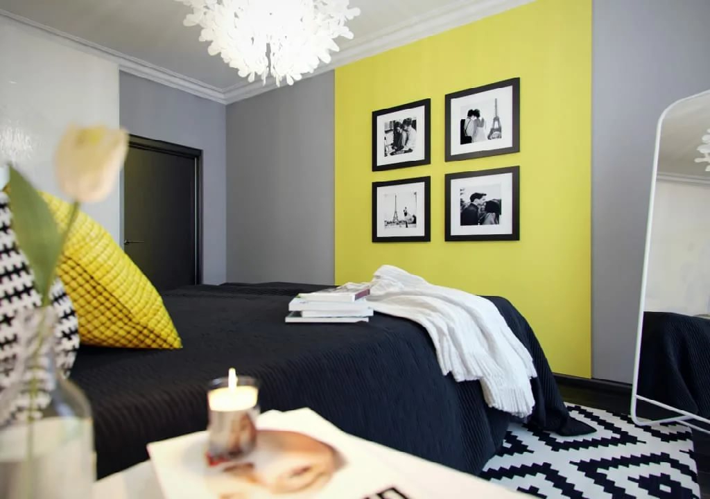    اللون الأصفر مع اللون الرمادي في الحوائط لغرف النوم  