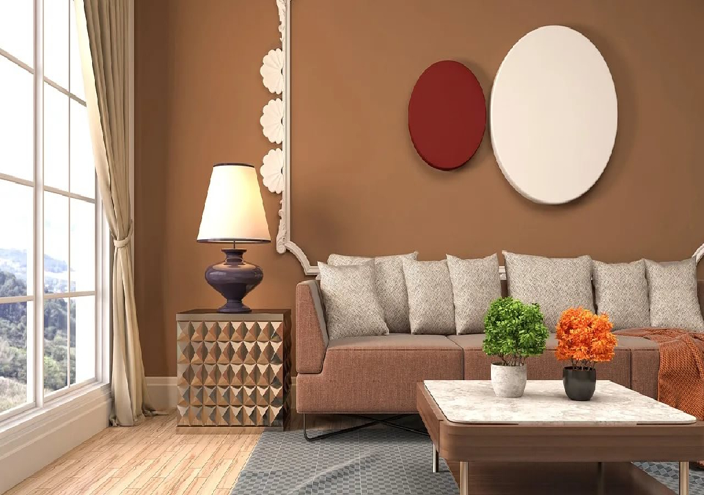 دهانات الحوائط باللون البني الخشبي لغرفة المعيشة   