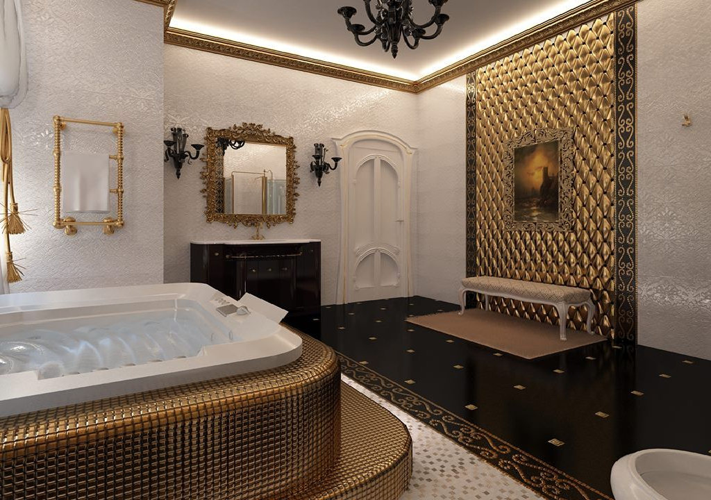 حمامات فنادق فخمة باللون الأسود والأبيض والذهبي
